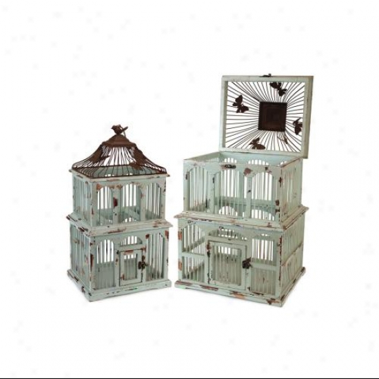 Set Of 2 Blue/rust Wood & Metal Decorative Accent Bird Cages 22" - 28"