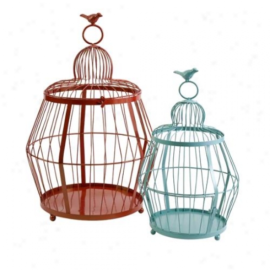 Set Of 2 Red Orange And Baby Blue Decorative Bird Cage Basket