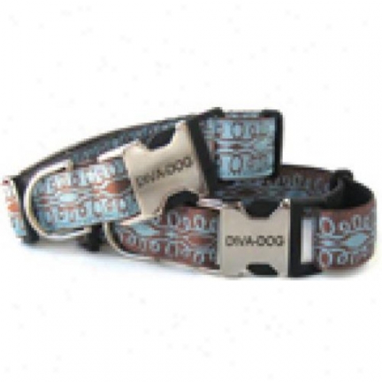 Diva-dog 3327854 Calligraphy Blue On Brown Xs/s Adjustable Collar Mtal/plastic Buckle