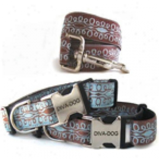 Diva-dog 8903477 Calligraphy Blue On Brown Xs/s Collar And Leash Metal/plastic Buckle