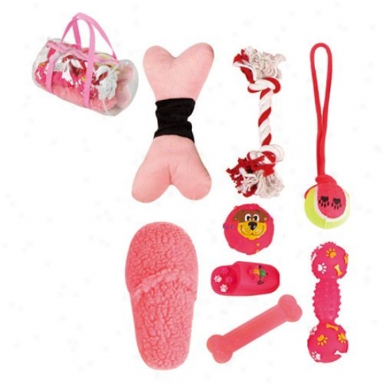 Pet Life 8-piece Duffle Pet Dog Toy Set - Pink