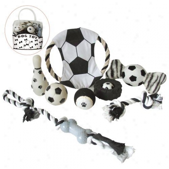Pet Life 8-piece Soccer Themed Dog Toy Set - Black / White