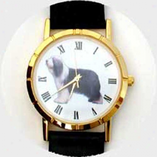Bearded Collie Watch - Large Face, Black Leather