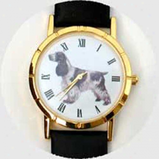 English Cocker Spaniel Watch - Large Face, Black Leather