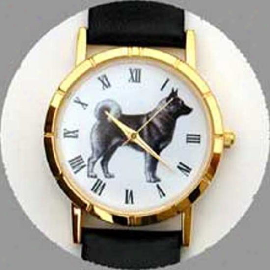 Norwegian Elkhound Watch - Large Face, Black Leather