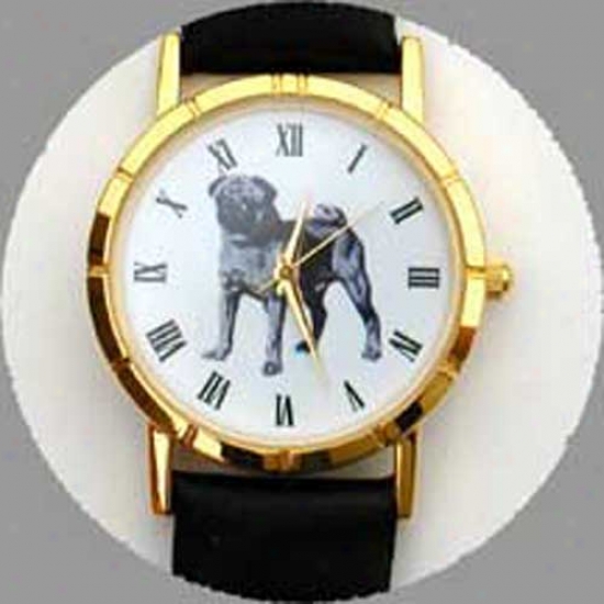Pug (bkack) Watch - Large Face, Black Leather