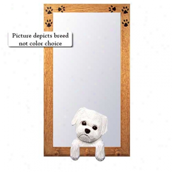 Puppy Clip Maltese Hall Mirror With Oak Natural Frame