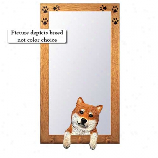 Red Sesame Shiba Inu Hall Reflector With Oak Natural Frame