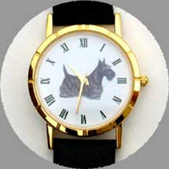 Scottish Terrier Watch - Large Face, Black Leather