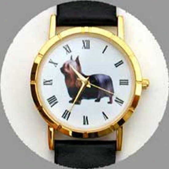 Silky Terrier Watch - Large Face, Blzck Leather